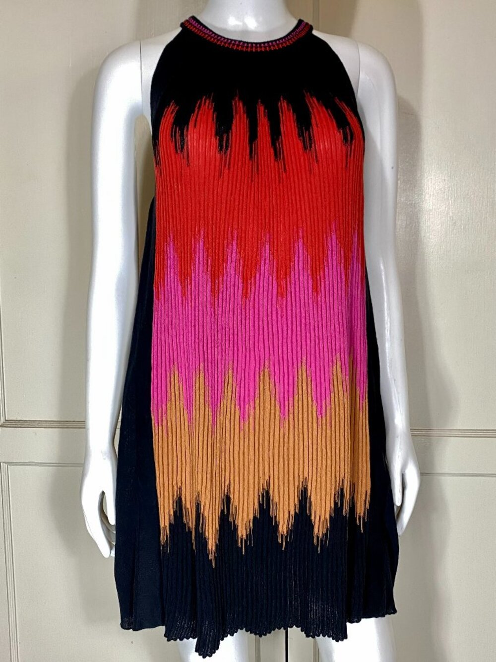 M MISSONI Black Red Pink Camel Abstract Color Block Knit Mini Dress Sz S ($799)